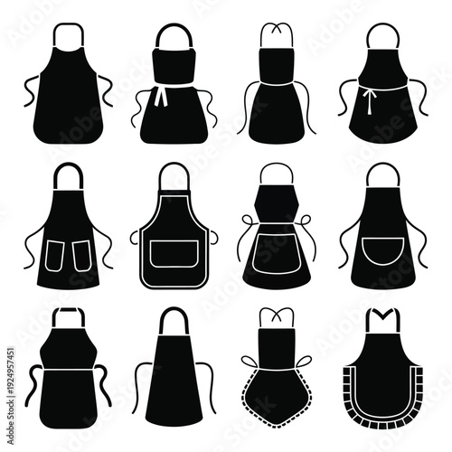 Variety of stylized black aprons with different designs and features for culinary use. isolated on white background, Vector, illustration