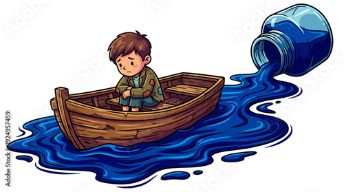 Sad Child in Small Boat on Spilled Blue Ink.
