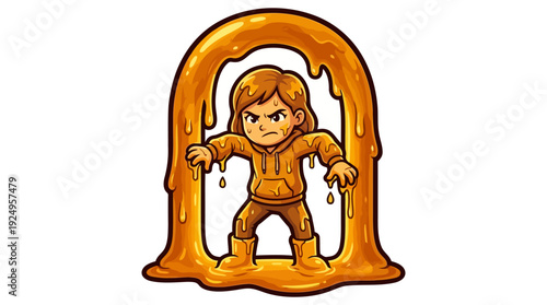 Cartoon Character Trapped in Gooey Golden Slime Substance.