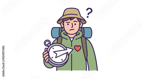 Confused Hiker Holding Compass with Question Mark Above Head.