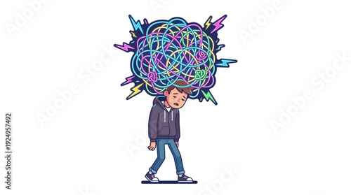Young man carrying a heavy tangled mess on his shoulders, representing stress and confusion.