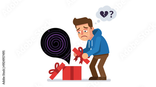 Disappointed Man Unwrapping a Gift Box with Sadness and Broken Heart.