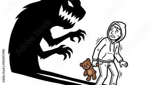 Childs Fearful Encounter with Monster Shadow Holding Teddy Bear.