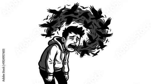 Man Yelling with Crows Flying Out of Mouth Expressing Inner Turmoil.