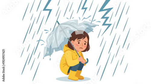 Sad little girl in yellow raincoat holding broken umbrella during rainstorm.