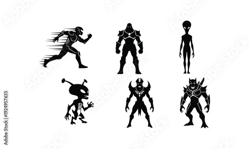 Alien silhouette vector illustration collection featuring extraterrestrial character shapes