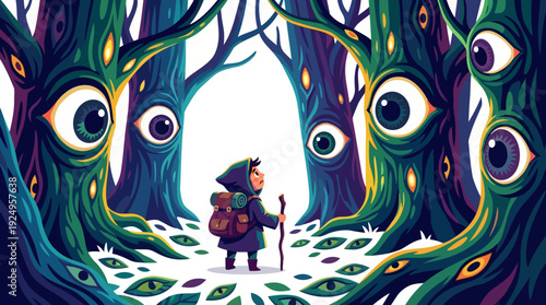 Small Child with Backpack and Stick Walking Through Forest of Eyed Trees.