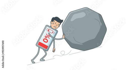 Tired Businessman Pushing Heavy Boulder Uphill with Low Battery Indicator.
