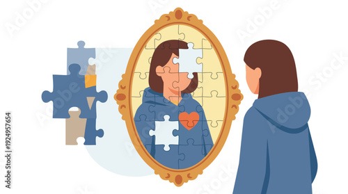 Woman looking at her reflection in mirror with puzzle pieces symbolizing self-discovery and identity.