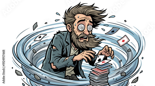 Stressed Man Caught in Gambling Addiction Whirlwind with Playing Cards.