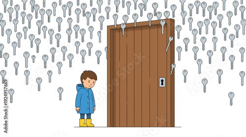 Young boy standing next to a wooden door with many keys.