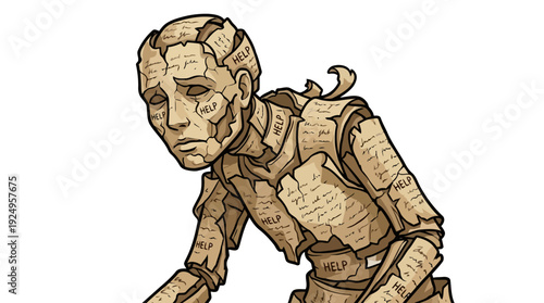 Sad Wooden Golem Character Illustration.