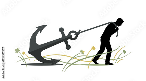 Businessman pulling heavy anchor representing burden and challenge.