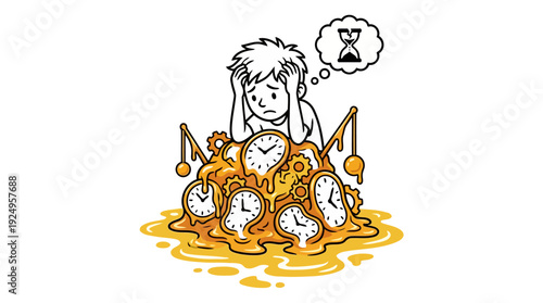 Stressed Person Overwhelmed by Melting Clocks and Time Pressure.