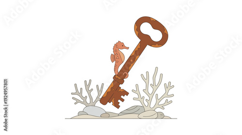 Seahorse on an old rusty key, underwater scene, marine life illustration.