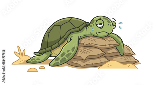 Tired Turtle Resting on Sandbags Exhausted Cartoon Illustration.