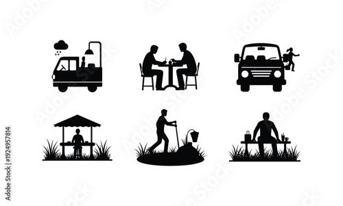 People activities vector set featuring dining traveling and gardening silhouette line art