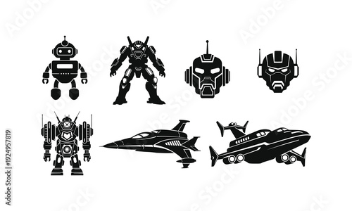 Robot and spaceship silhouette vector illustration set with mecha and futuristic aircraft
