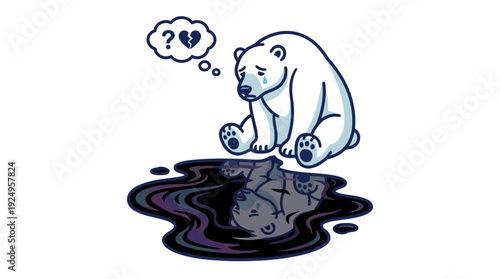 Sad Polar Bear Sitting in Oil Spill with Broken Heart Thought Bubble.