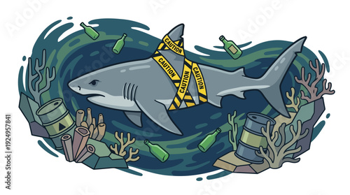 Shark entangled in caution tape swimming in polluted ocean water with trash.