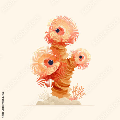 Orange coral branch with tentacles and eyes