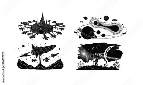 Set of four sci-fi space city and galactic phenomena silhouette vector art