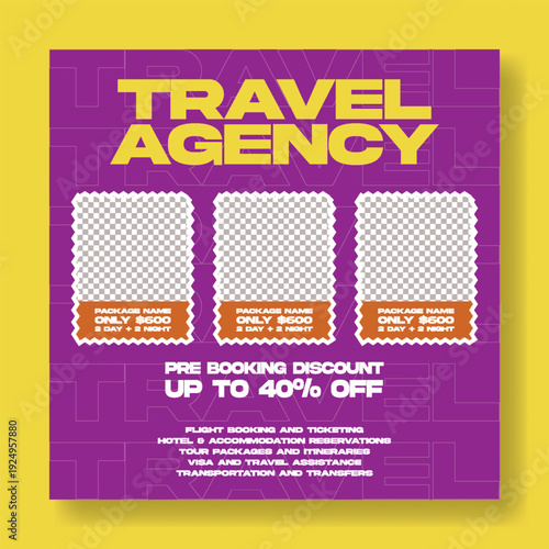 Retro vintage style square flyer poster, travel agency social media post, holiday vacation promo, study abroad marketing, summer tour package, hotel resort booking, tourism advertising template design