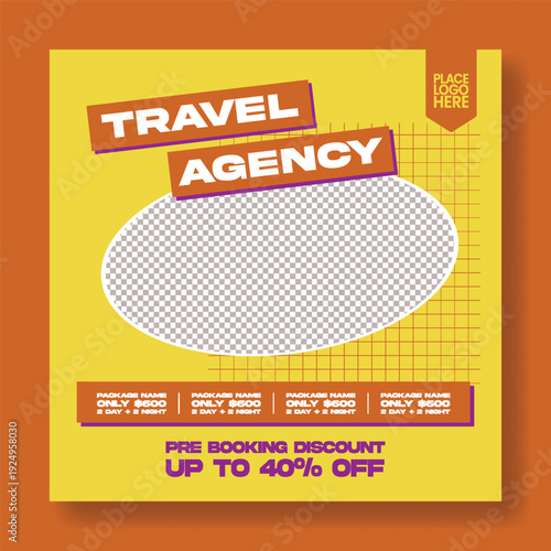 Travel agency promotional social media post template, retro vintage style, square flyer poster, study abroad advertising, summer holiday vacation, tour package booking, hotel resort tourism marketing 
