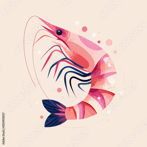 Pink Shrimp Illustration with Aquatic Elements