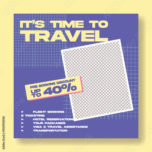 Square flyer poster for travel agency advertising, retro vintage style, holiday vacation promo, summer tour package promotion, hotel resort booking, social media post, study abroad marketing.
