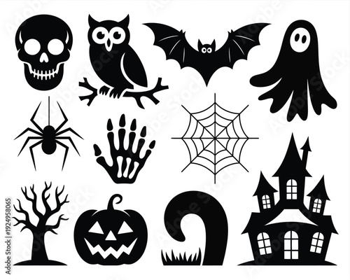 Halloween-themed icons featuring classic spooky and eerie symbols isolated on white background, Vector, illustration
