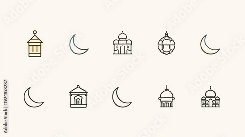Islamic Ramadan outline icons set featuring lantern, crescent, mosque, and other symbols in various styles.