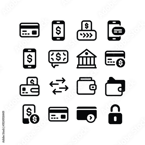 Collection of icons representing various financial and digital payment methods isolated on white background, Vector, illustration