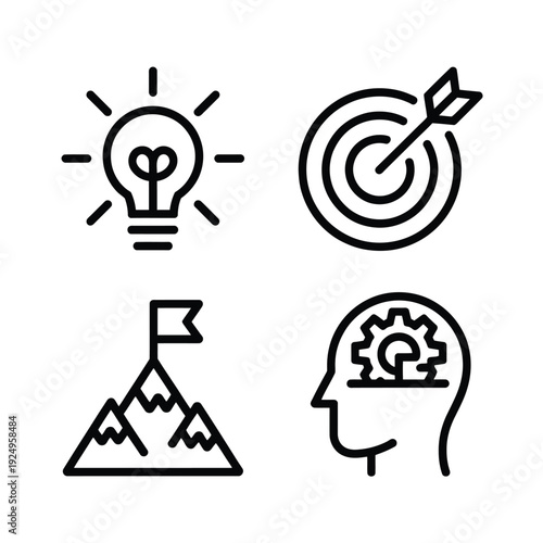 Four icons representing innovation, strategy, achievement, and intellect isolated on white background, Vector, illustration