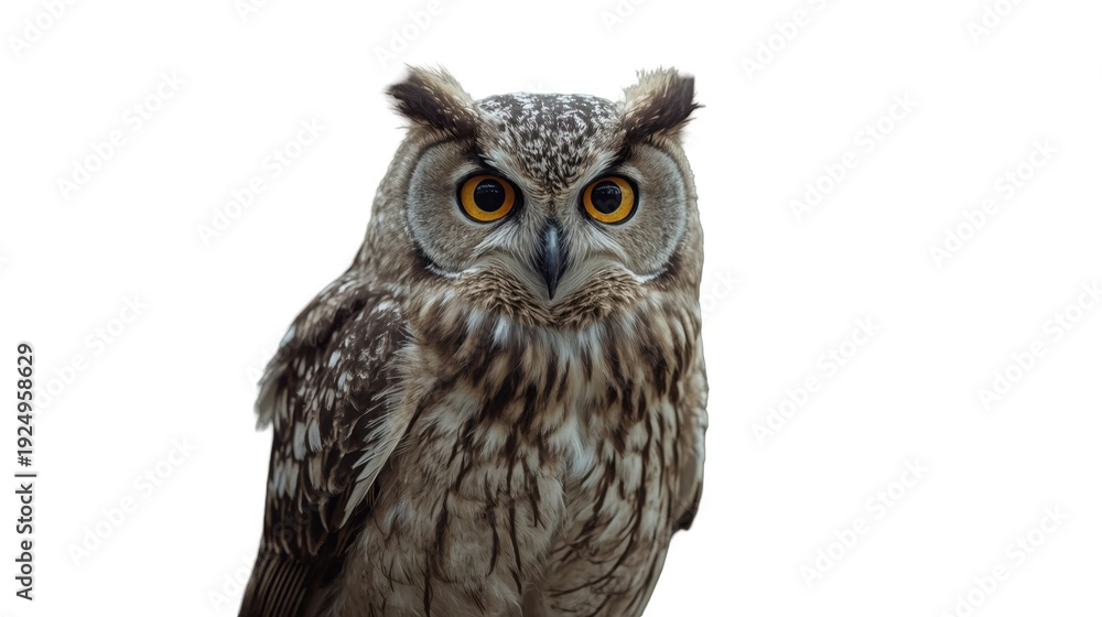 Obraz premium Gray owl with wide open bright round eyes looking directly at camera on white background