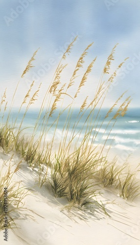 Serene coastal watercolor illustration of sea oats gently swaying on sunlit sandy dunes