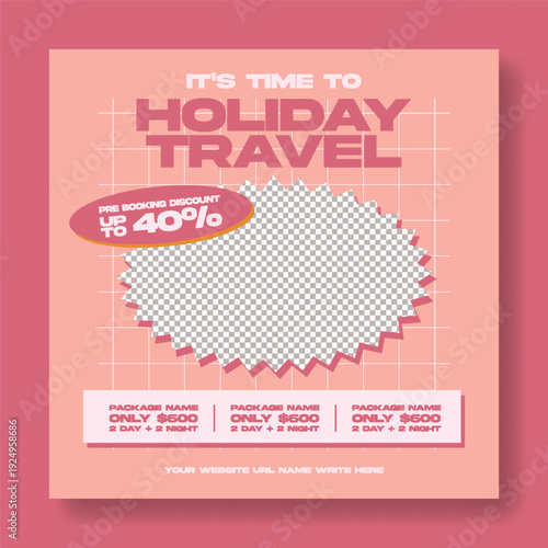Retro vintage style travel agency social media post template, holiday vacation promo, summer tour package advertising, hotel resort booking, tourism promotion, square flyer poster design.