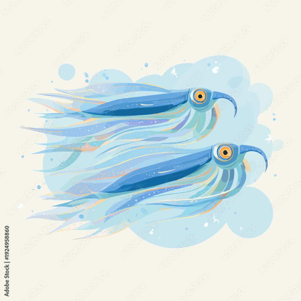 Fototapeta premium Two Blue Flying Squid Creatures in Water Streamers