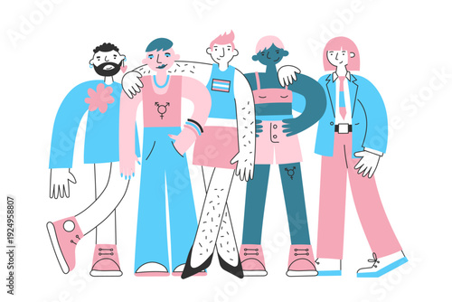 Group of diverse transgender people together. Concept of identity, self-expression, individuality, acceptance, equality, inclusion, community, unity, support, solidarity, freedom and belonging.