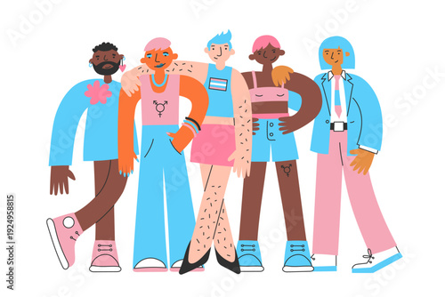 Group of diverse trans people with various skin colors. Concept of identity, self-expression, individuality, acceptance, equality, inclusion, community, support, freedom and belonging.