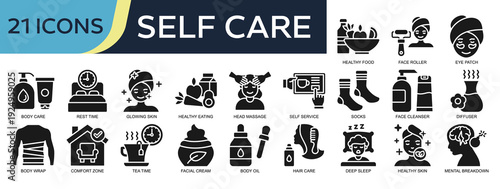 Collection of Self Care icons, related to Healthy food, Body Care, Healthy eating, Self service, Tea time and more. Glyph icons vector illustation.