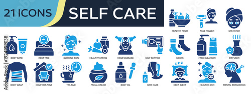 Collection of Self Care icons, related to Healthy food, Body Care, Healthy eating, Self service, Tea time and more. Solid icons vector illustation.