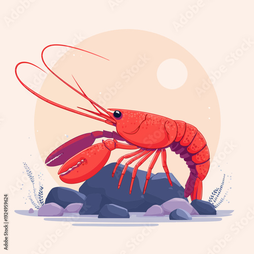 Vibrant Red Lobster Illustration on Rocky Seabed