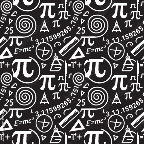 Seamless Mathematics and Science Pattern: Hand-Drawn Pi, Formulas, and Geometric Tools on Black Background
