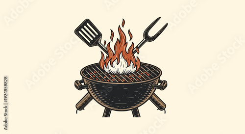 Barbecue Grill With Spatula And Fork On Fire Outdoor Cooking Concept
