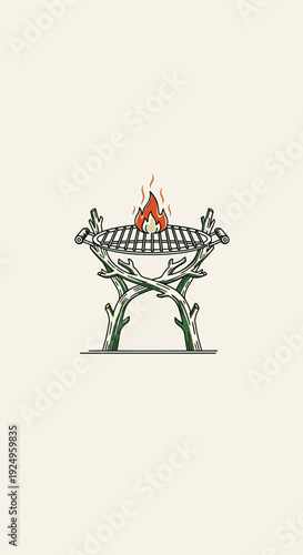 Rustic barbecue grill with flames illustration on a beige background