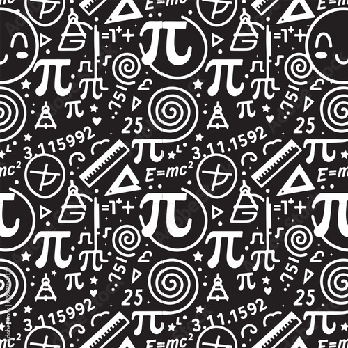 Seamless Math and Science Pattern with Cute Doodles: Hand-Drawn Pi, Formulas, and Geometry Tools on Black