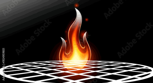 Bright Fire Flames Emerging from a Grid on a Black Background