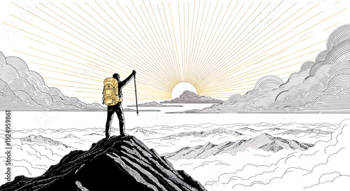 Lone hiker celebrates triumph atop a misty mountain peak at sunrise