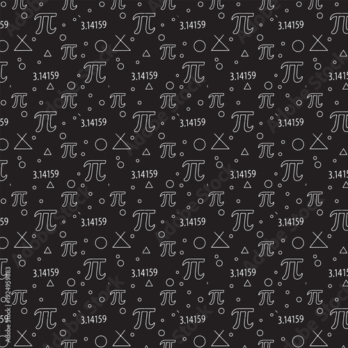 Seamless Geometric Math Pattern: Pi Symbols, 3.14159, and Shapes on Black Background
